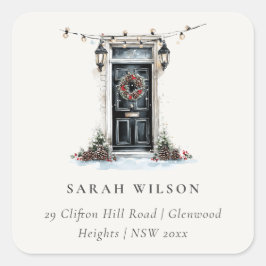 Festive Winter Watercolor Front Door Address Quadratischer Aufkleber