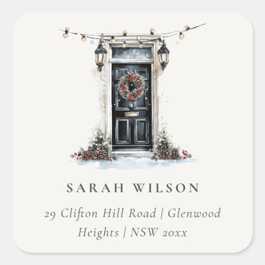 Festive Winter Watercolor Front Door Address Quadratischer Aufkleber (Vorderseite)