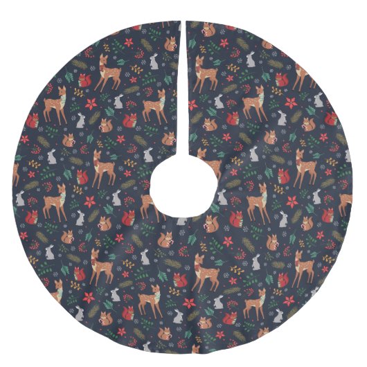Festive Woodland Friends Dark Blue Tree Skirt Polyester Weihnachtsbaumdecke (Vorderseite)