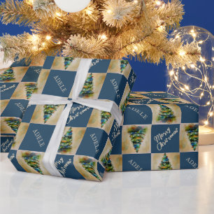 Festiver Weihnachtsbaum Wasserfarbe Blau Feiertag Geschenkpapier