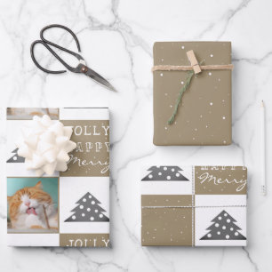 Festives Beige-Katzfoto-Weihnachtsbaum Geschenkpapier Set
