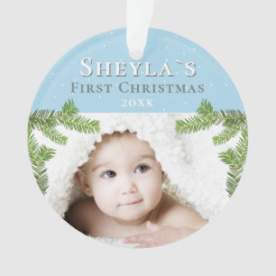Festives Blau Baby`s erstes Weihnachtsfoto Ornament