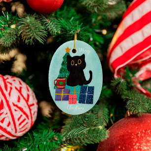 Festives Blau Frohe Weihnachten Süße schwarze Katz Keramik Ornament