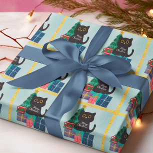 Festives Blau Gold Weihnachten Schwarze Katze Kaff Geschenkpapier