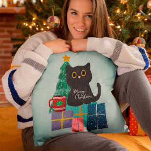 Festives Blau Süße Katze Kaffee Frohe Weihnachten Kissen