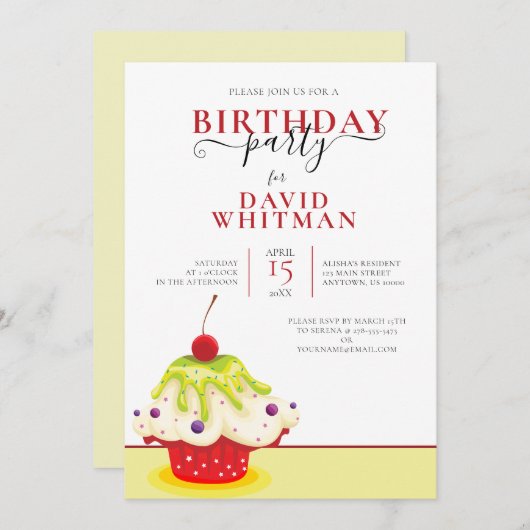 FESTIVES KUPFKAK MIT CHERRY GEBURTSTAGSPARTEI EINLADUNG (Vorne/Hinten)