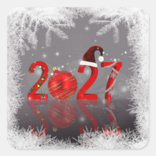 Festlich 2027 Rot Frohe Weihnachten Neues Jahr Quadratischer Aufkleber