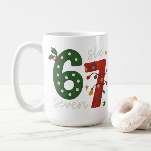 Festlich 67 – Helle Weihnachtszahlen Design Kaffeetasse (Mit Donut)
