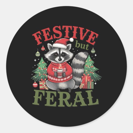 Festlich aber Feral Raccoon Tier Weihnachten X Runder Aufkleber (Vorderseite)