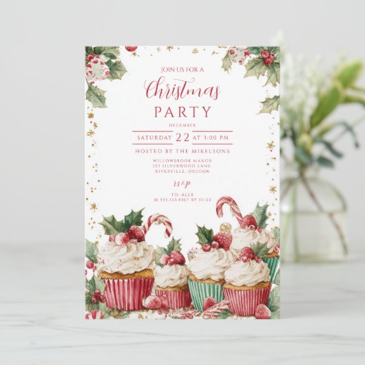 Festlich Cupcake Candy Cane Einladung (Stehend Vorderseite)