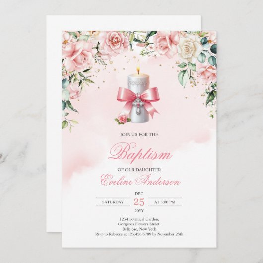 Festlich dekorierte Kerze mit Band und Kreuz Einladung (Vorne/Hinten)