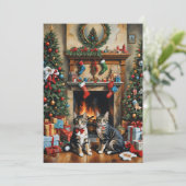 Festlich dekorierter Raum, Kamin, Katzen, Vintag Einladung (Stehend Vorderseite)