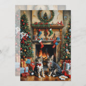 Festlich dekorierter Raum, Kamin, Katzen, Vintag Einladung (Vorne/Hinten)