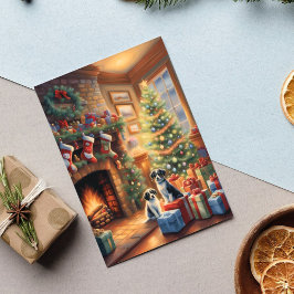 Festlich eingerichteter Raum, Kamin, Hunde, Vintag Feiertagspostkarte