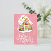 Festlich frohe Weihnachten Gingerbret House Pink Postkarte (Stehend Vorderseite)