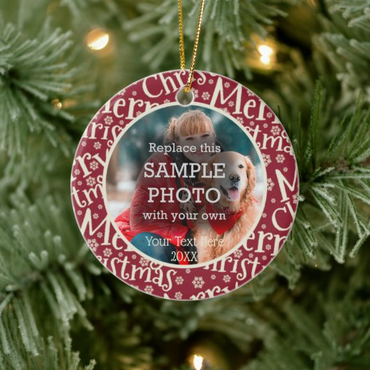 Festlich Frohe Weihnachtsschneeflocke Zwei Fotos Keramik Ornament (Baum)