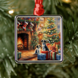 Festlich geschmückter Raum, Kamin, Hunde, Vintage Ornament Aus Metall