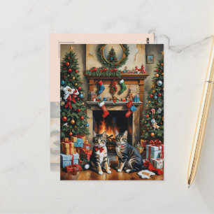 Festlich geschmückter Raum, Kamin, Katzen, Vintage Postkarte