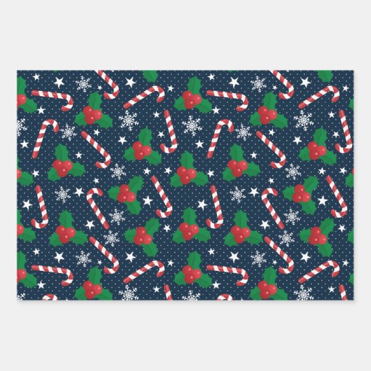 Festlich Holly Berry & Candy Cane Weihnachten Geschenkpapier Set (Vorderseite)