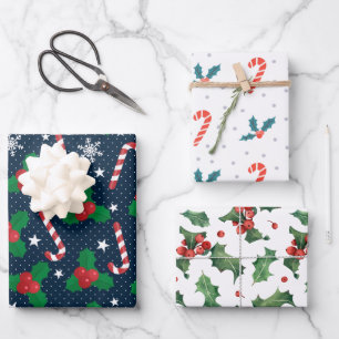 Festlich Holly Berry & Candy Cane Weihnachten Geschenkpapier Set