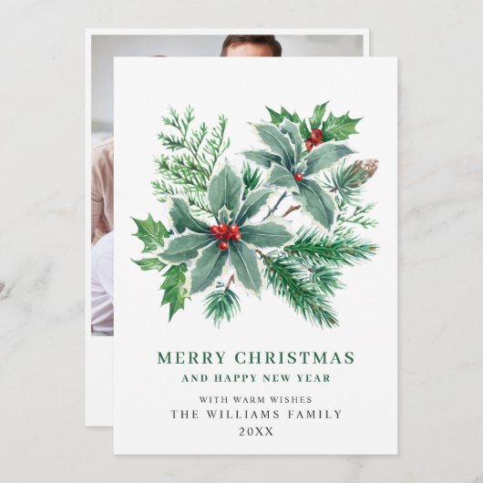 Festlich Holly Berry FOTO Weihnachtsgrüßen Feiertagskarte (Vorne/Hinten)