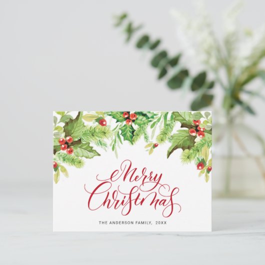 Festlich Holly Berry Frohe Weihnachtsfeiertag Postkarte (Stehend Vorderseite)