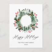 Festlich Holly Berry Pine Forest Wreath Weihnachte Postkarte (Vorderseite)