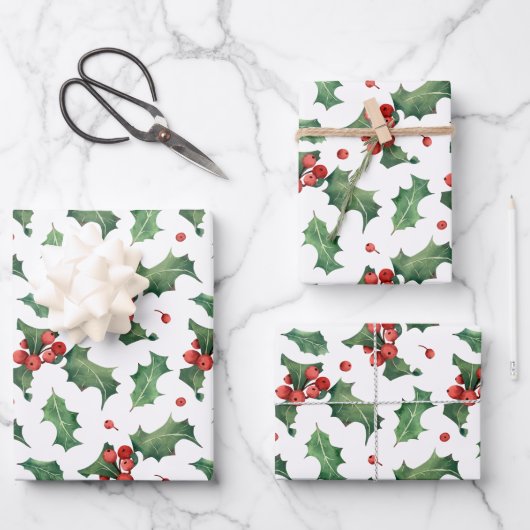 Festlich Holly Berry Weihnachten Geschenkpapier Set (Vorderseite)