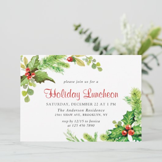 Festlich Holly Berry Weihnachtsfeiertag Mittagesse Einladung (Stehend Vorderseite)
