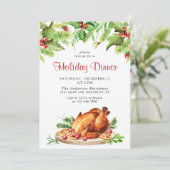 Festlich Holly Berry Weihnachtsfest Abendessen Einladung (Stehend Vorderseite)