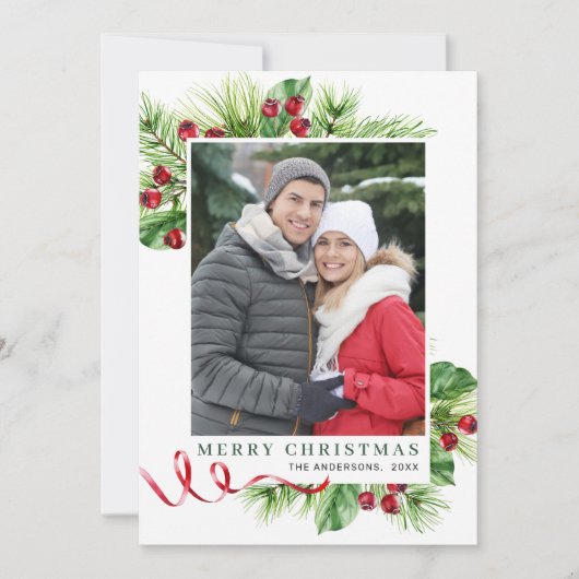 Festlich Holly Berry Weihnachtsgrüßen Foto Feiertagskarte (Vorderseite)