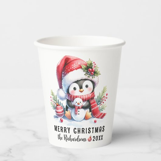 Festlich Rot Niedlicher Pinguin Frohe Weihnachten Pappbecher (Vorderseite)