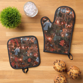 Festliche Abstrakte Nahe Weihnachtsbäume Ofenhandschuh & Topflappen-Set