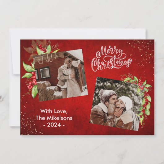 Festliche Berries und Grüne Frohe Weihnachten Foto (Vorderseite)