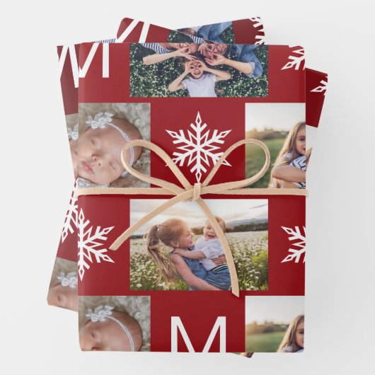 Festliche Berry Snowflakes Monogramm FotoCollage Geschenkpapier Set (Beispiel)