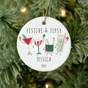 Festliche & beschwipste personalisierte Weihnachts Keramik Ornament