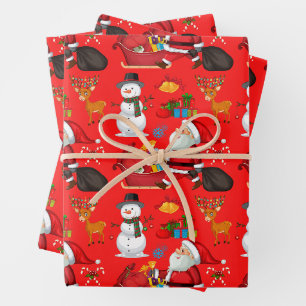 Festliche bunte Weihnachtsmänner, Schneemänner, Ge Geschenkpapier Set