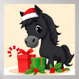 Festliche Cartoon-Schwarzes Pferd mit Santa-Hut Poster
