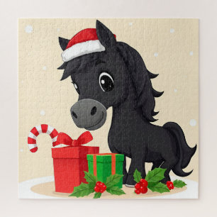 Festliche Cartoon-Schwarzes Pferd mit Santa-Hut Puzzle