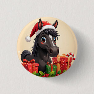 Festliche Cartoon-Schwarzes Pferd mit Weihnachtsma Button