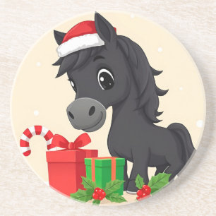 Festliche Cartoon-Schwarzes Pferd mit Weihnachtsma Getränkeuntersetzer