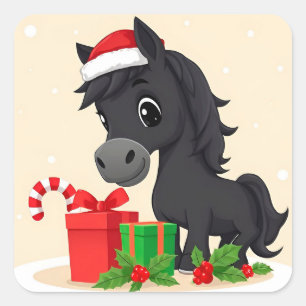 Festliche Cartoon-Schwarzes Pferd mit Weihnachtsma Quadratischer Aufkleber