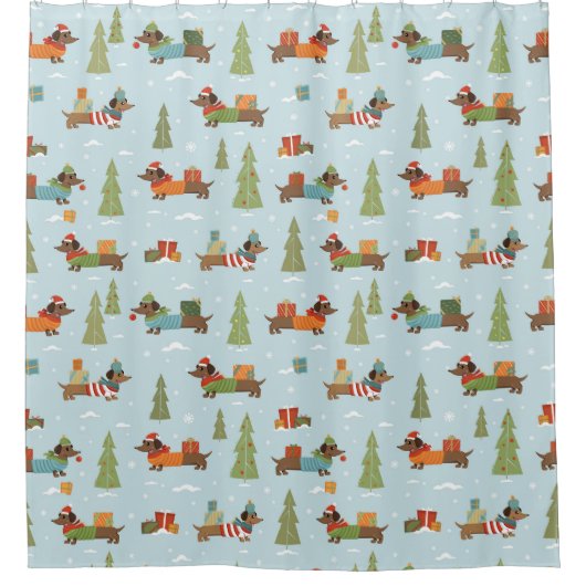 Festliche Dackeln im Schneemuster Duschvorhang (Vorderseite)