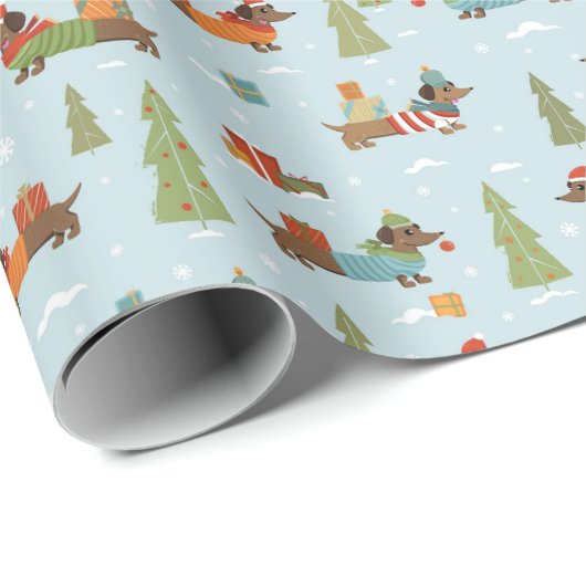 Festliche Dackeln im Schneemuster Geschenkpapier (Rolleneckpunkt)