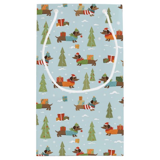 Festliche Dackeln im Schneemuster Kleine Geschenktüte (Rückseite)