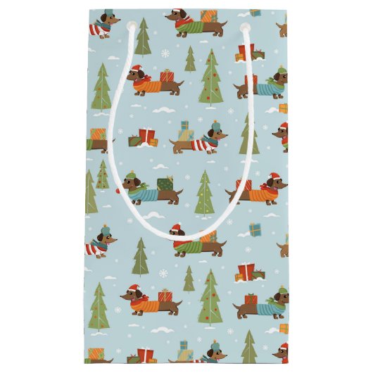 Festliche Dackeln im Schneemuster Kleine Geschenktüte (Vorderseite)