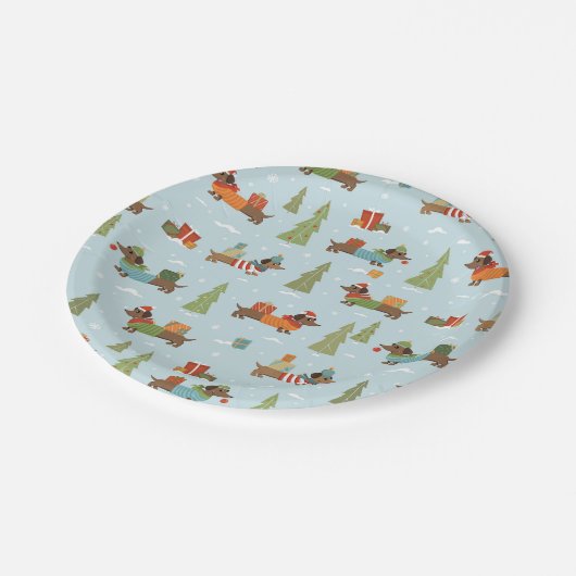 Festliche Dackeln im Schneemuster Pappteller (Schrägansicht)