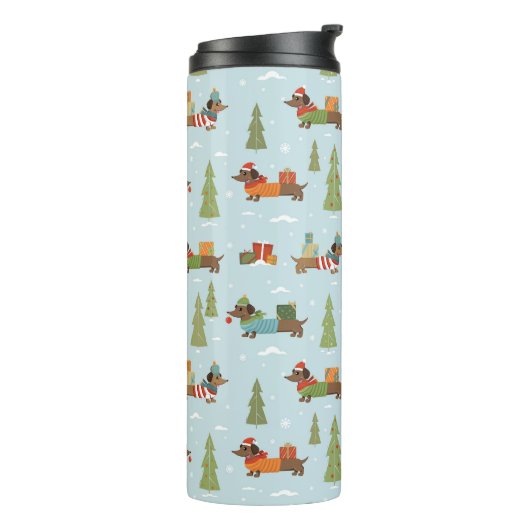 Festliche Dackeln im Schneemuster Thermosbecher (Nach links gedreht)