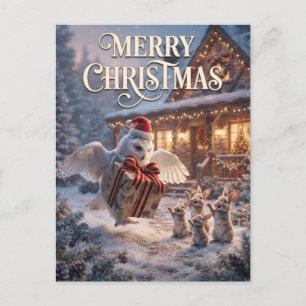 Festliche Eule liefert Geschenk an Kaninchen Postkarte