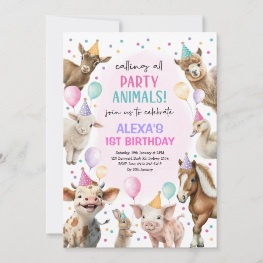 Festliche Farm Barnyard Party Tiere Mädchen Geburt Einladung (Vorderseite)